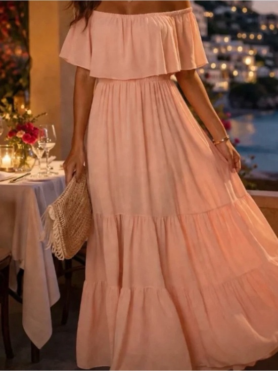 VENUS Dresses & Skirts - Venus Blush Pink Off Shoulder Maxi Dress Tiered Ruffle Size 12 Bridesmaid Boho